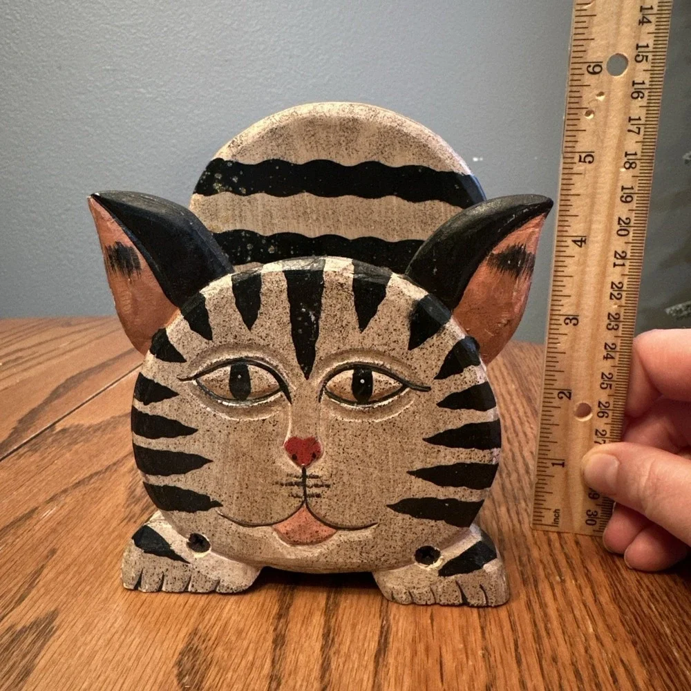 Wood Napkin Holder Tan Folk Art Cat Hand Painted Striped